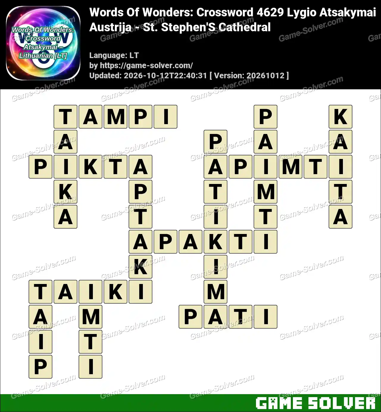 Words Of Wonders: Crossword 4629 Lygio Atsakymai – Austrija – St. Stephen’S Cathedral